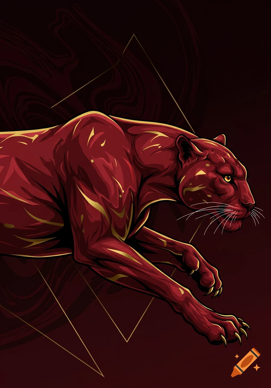 A vector illustration of a crimson red panther with golden highlights, mid-stride, against a dark marbled background.