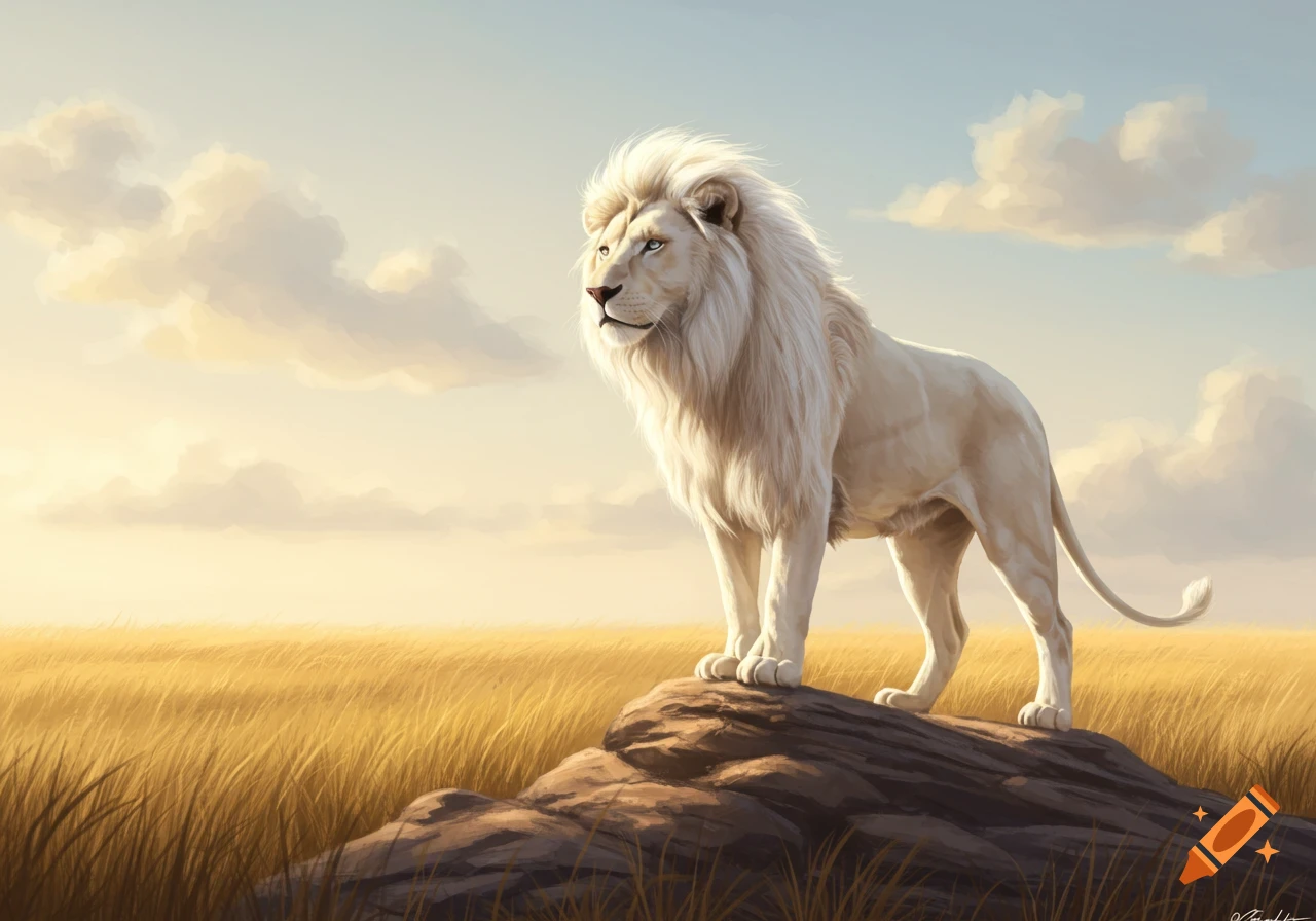A majestic white lion stands on a rock in a golden savanna, bathed in soft light under a clear sky with light clouds. The lion gazes into the distance.