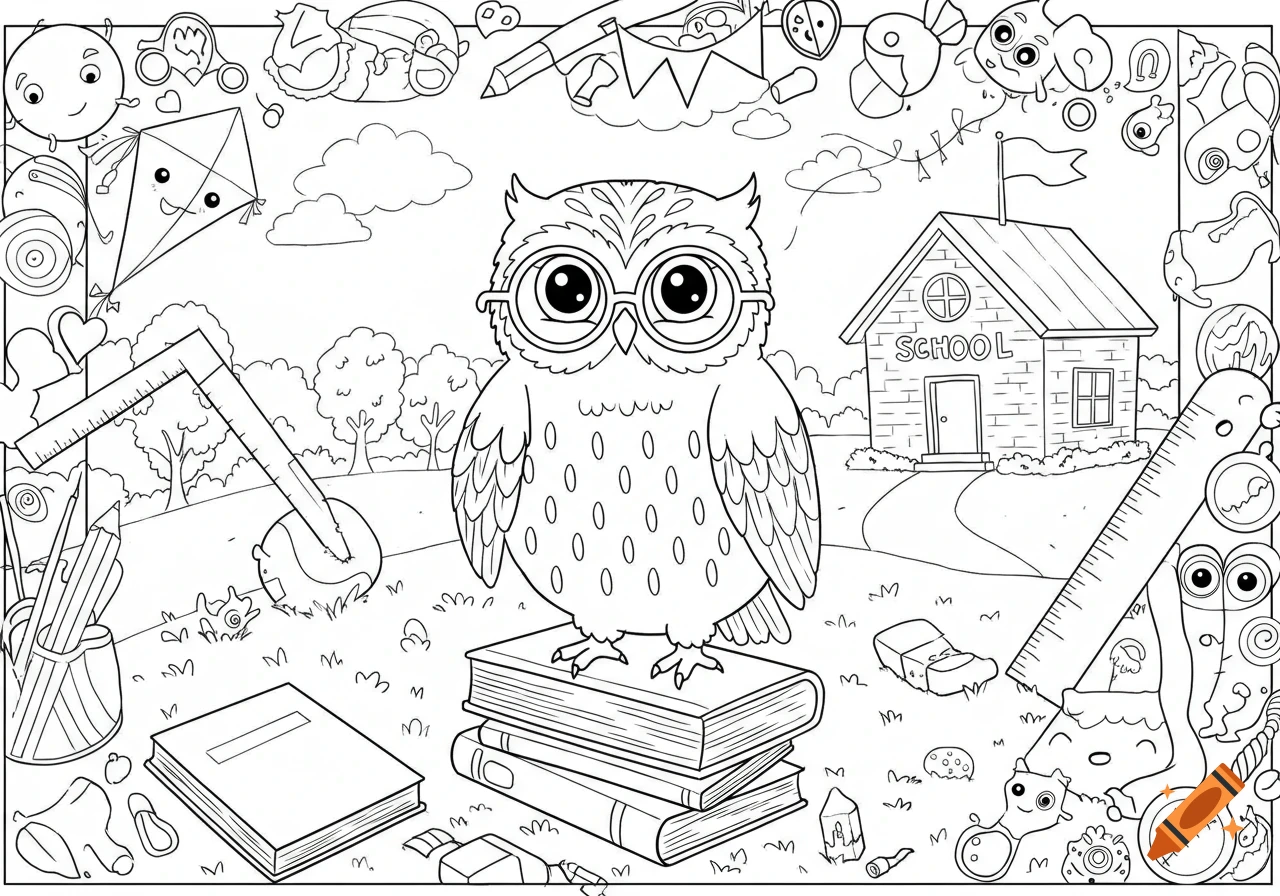 A black and white coloring page featuring a wise owl wearing glasses, standing on a stack of books, with a school building in the background and school supplies around the border.