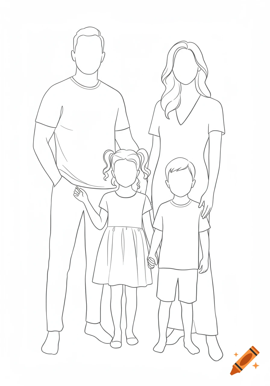 Line art illustration of a family of four, including two adults and two children, standing on a white background.