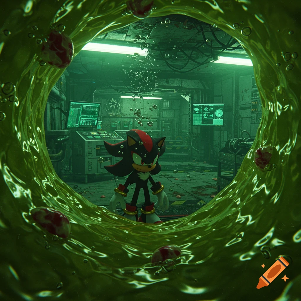 Shadow the Hedgehog stands in a green-lit, submerged laboratory, viewed through a thick, bubbling green liquid.