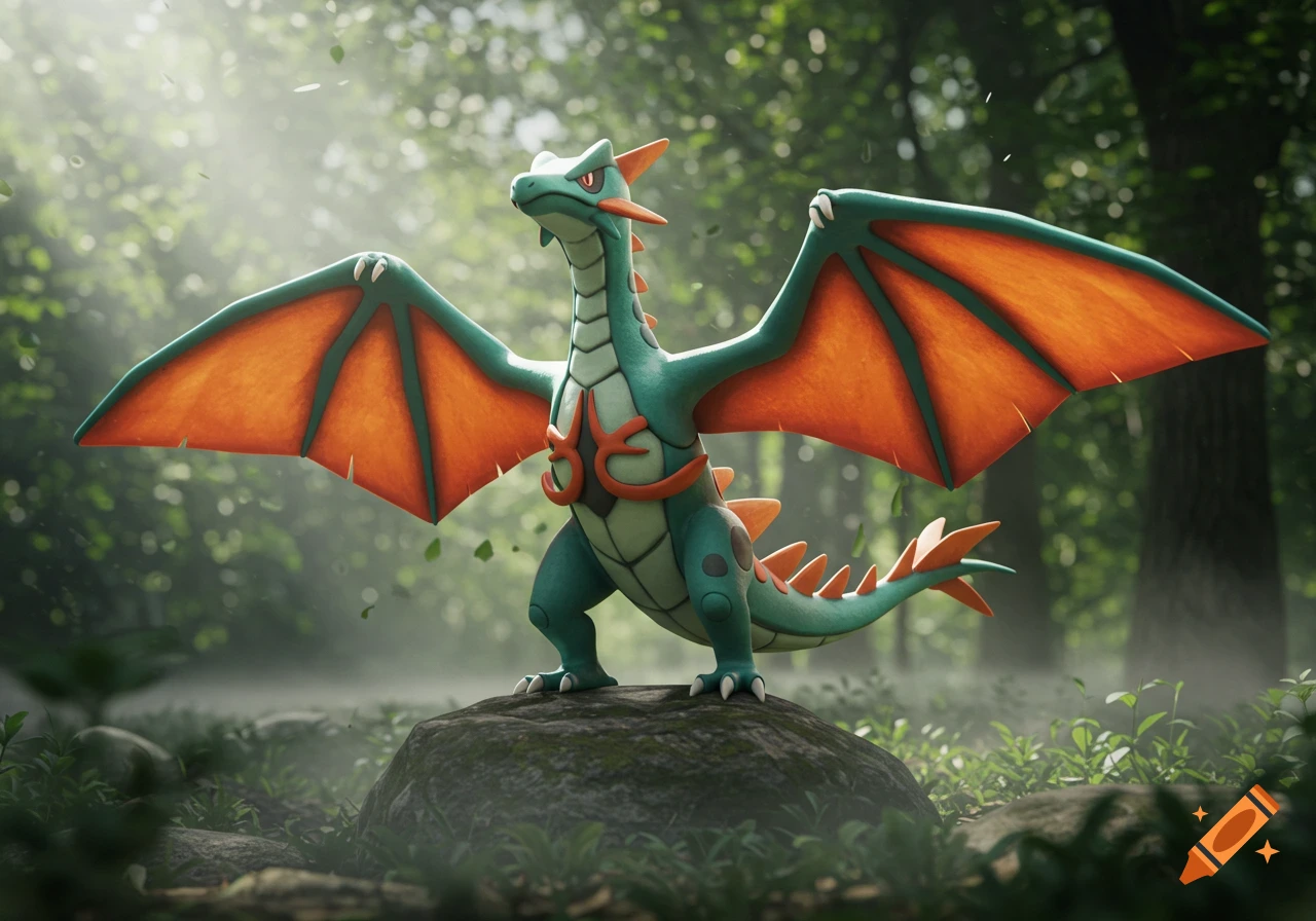 A stylized green dragon-like creature with large orange wings stands on a rock in a mystical forest with sun rays shining through trees.