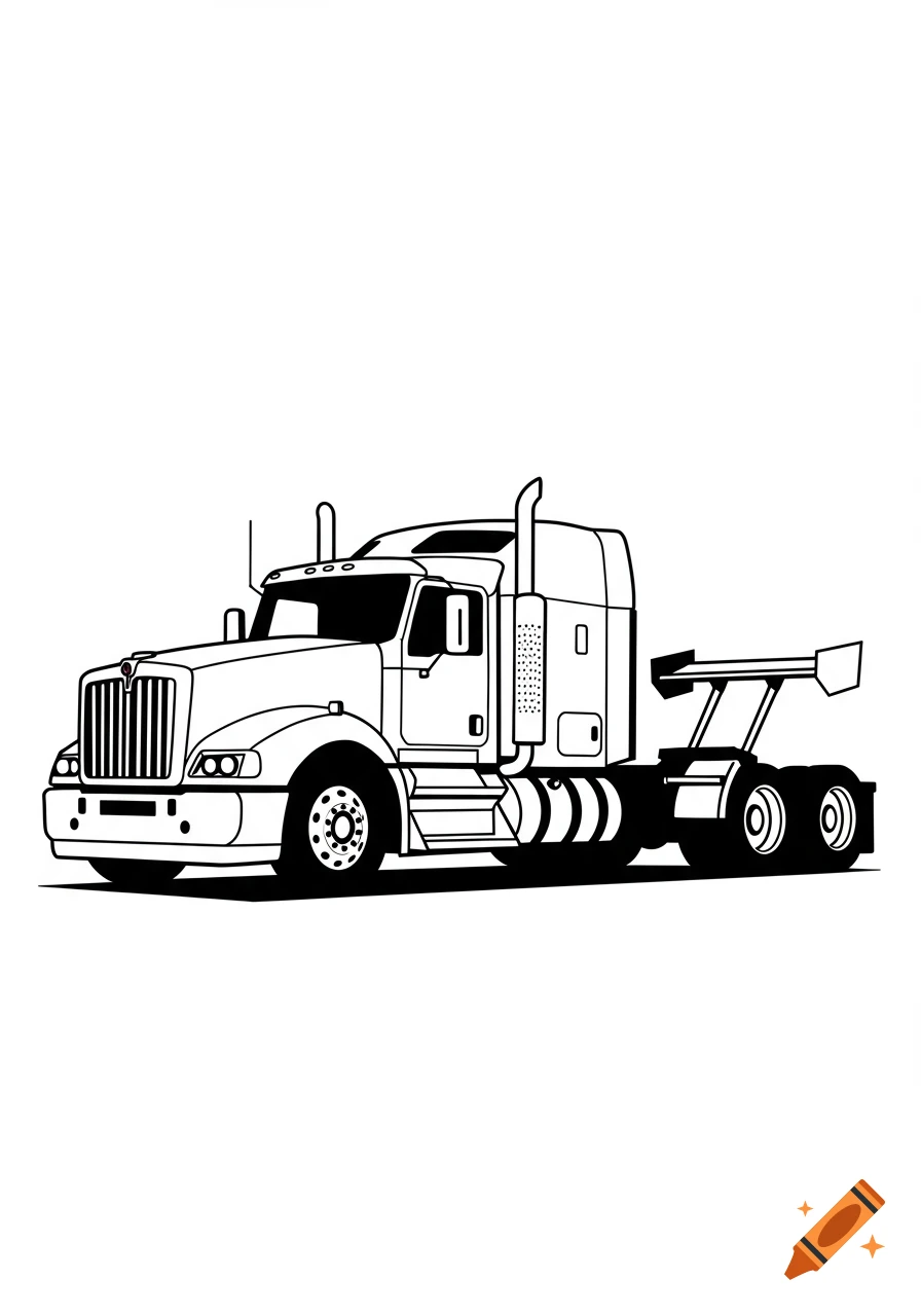 Black and white outline drawing of a semi-truck with a race wing.