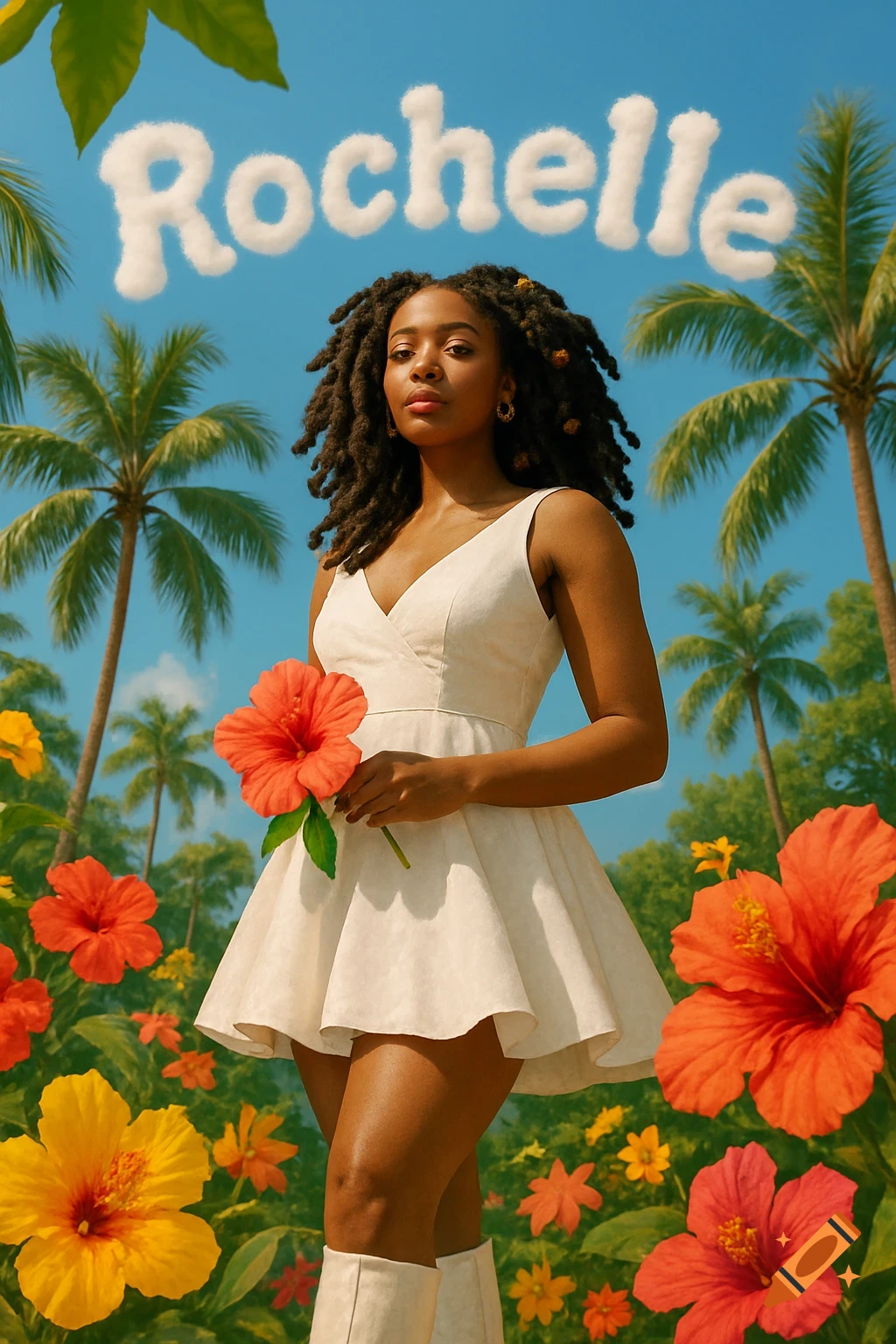 A woman in a white dress holds a hibiscus flower in a tropical setting with palm trees and "Rochelle" in cloud letters.