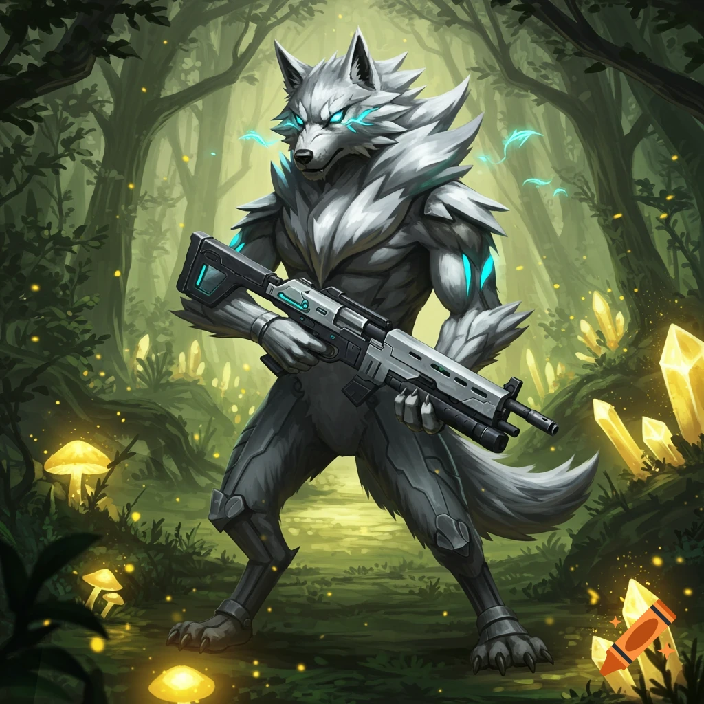 An anthropomorphic gray wolf character with glowing blue eyes and accents, holding a futuristic rifle, stands in a magical forest with glowing mushrooms and crystals.