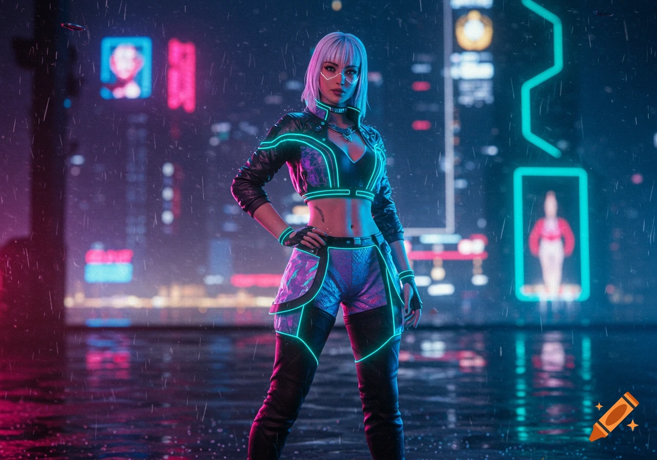 Hyper-realistic woman in glowing neon cyberpunk fashion poses in a rainy futuristic city.