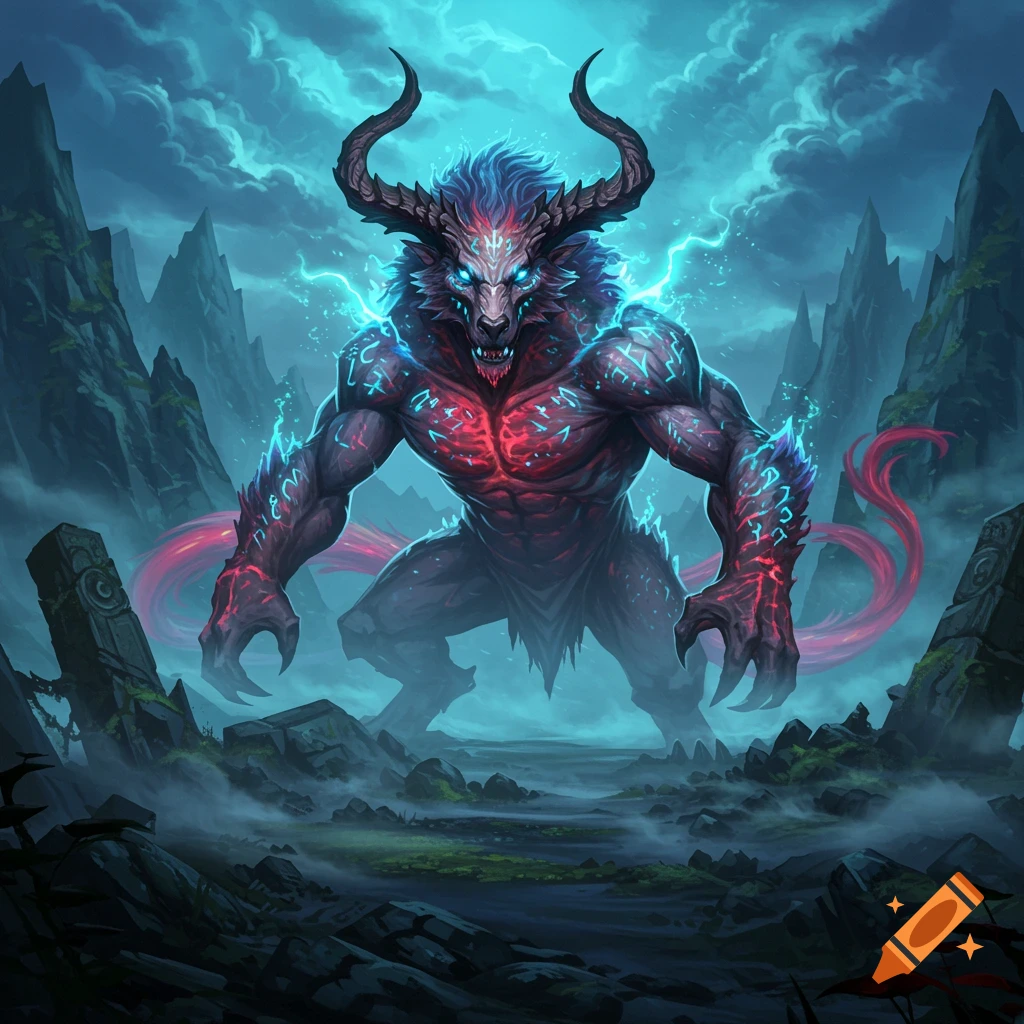A powerful, horned monster with glowing blue and red runes stands in a misty, mountainous fantasy landscape with lightning.