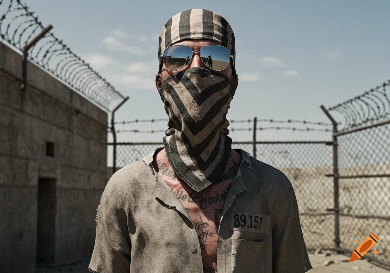 Photorealistic portrait of a person in a striped bandana, sunglasses, and a tattered shirt with visible chest tattoos, standing in a barren, fenced area.