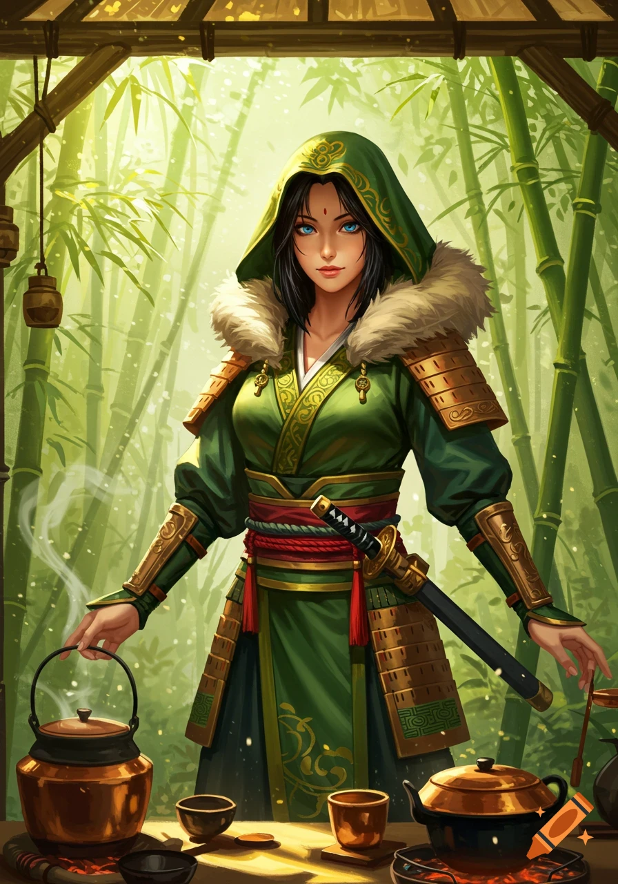 A beautiful woman in a green and gold hooded samurai-like outfit with a katana performs a tea ceremony in a bamboo forest tent.