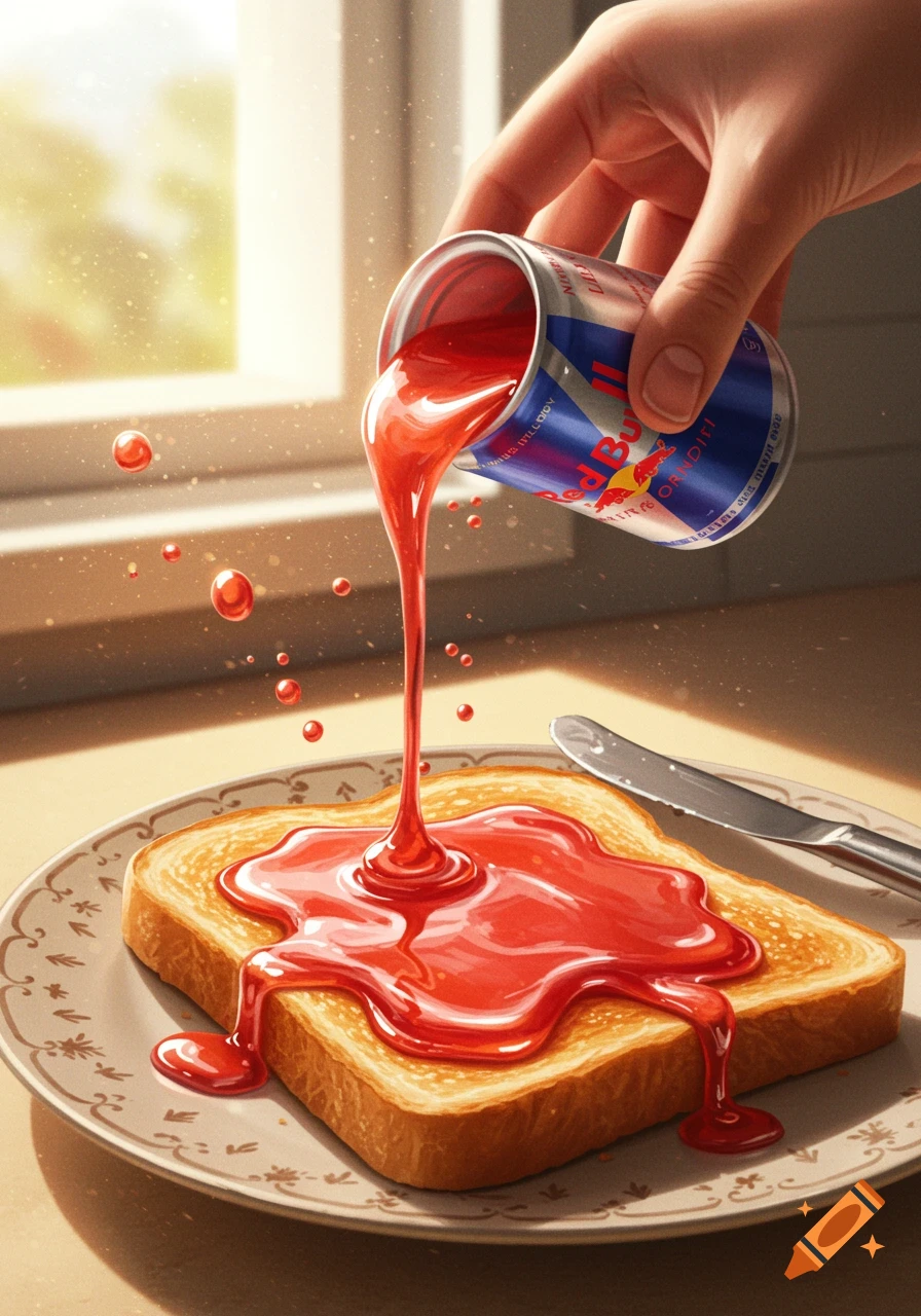 A hand pours red liquid from a Red Bull can onto a slice of toast on a plate, with liquid splattering around.