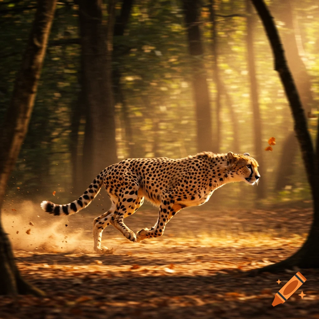 A photorealistic image of a cheetah running through a sun-dappled forest, kicking up dust.