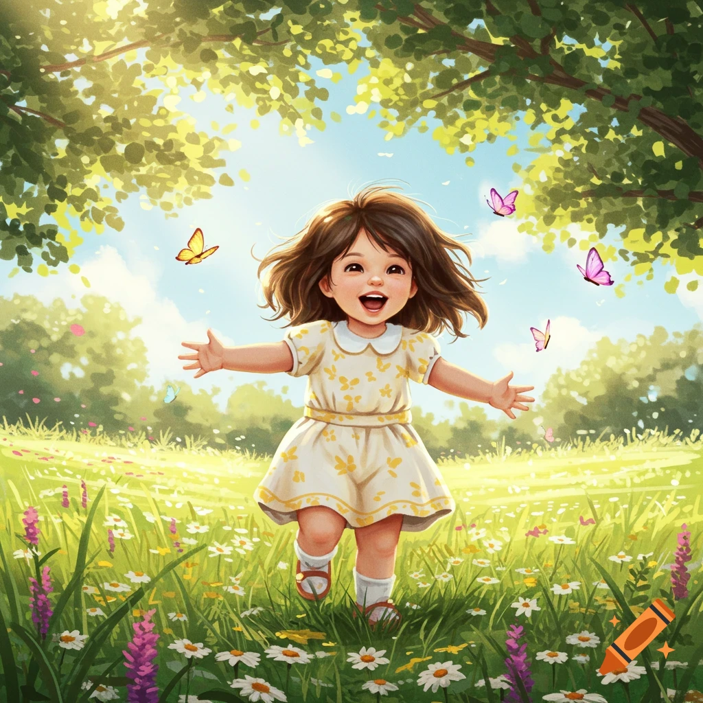 A happy toddler girl with brown hair in a yellow and white dress runs through a sunny green field with butterflies, in an illustrative style.