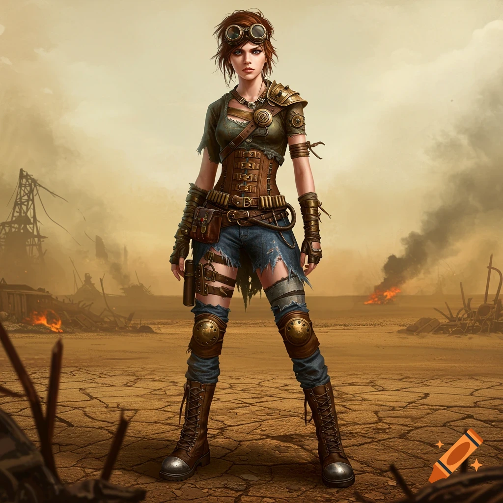 A tomboy girl in a post-apocalyptic steampunk outfit with goggles and combat boots stands in a desolate wasteland.