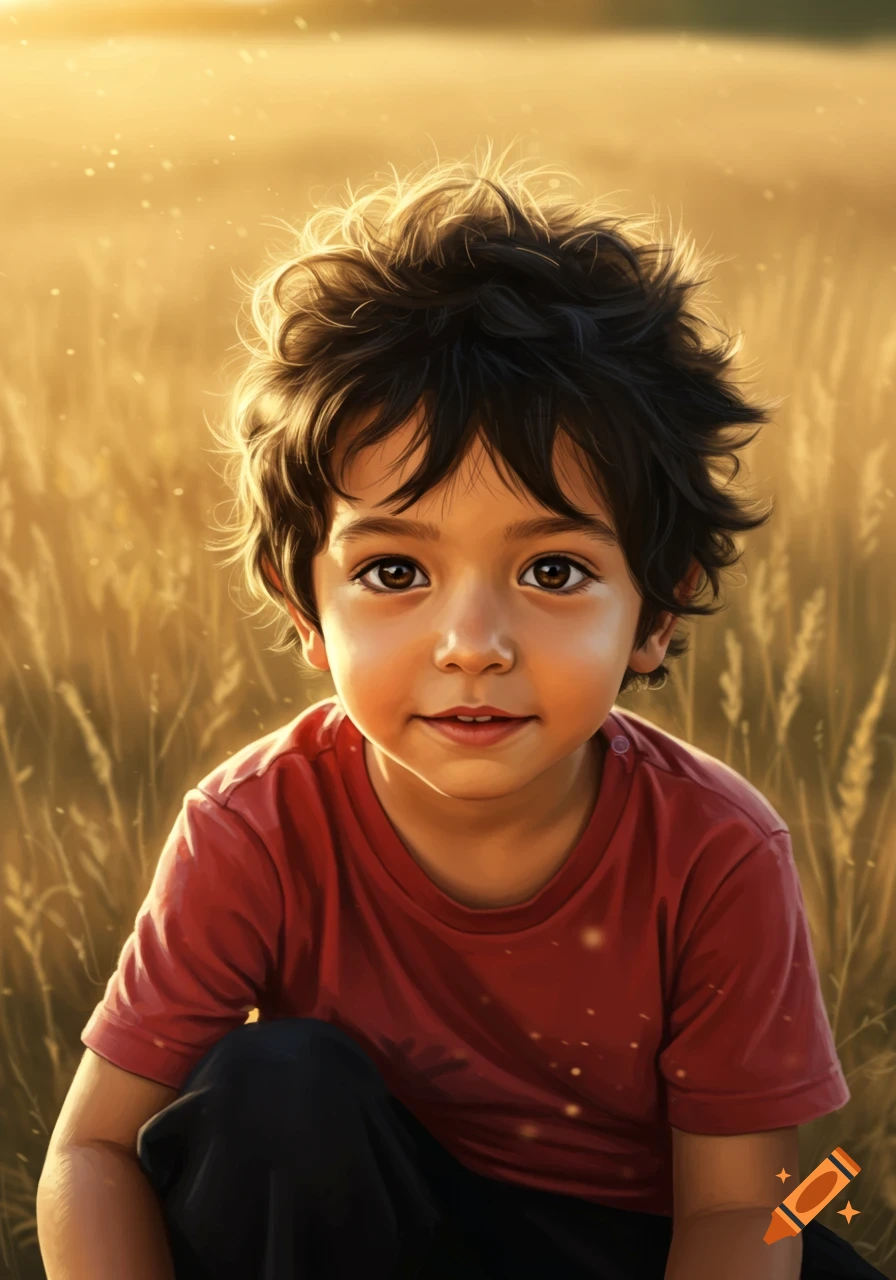 A smiling young boy with messy dark hair and a red shirt sits in a golden field at sunset in a realistic illustration.