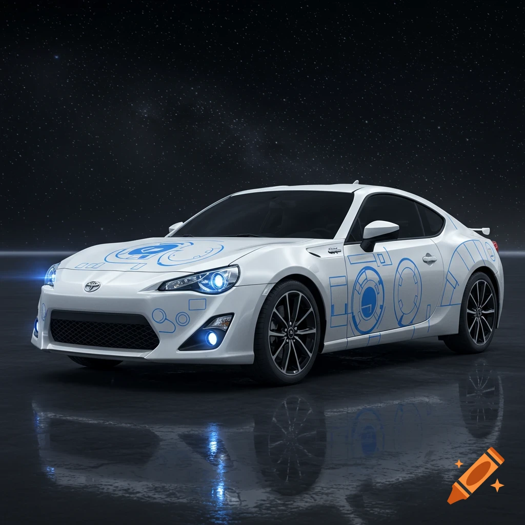 A white Toyota 86 sports car with blue R2-D2-inspired designs, parked in a dark, starry environment.