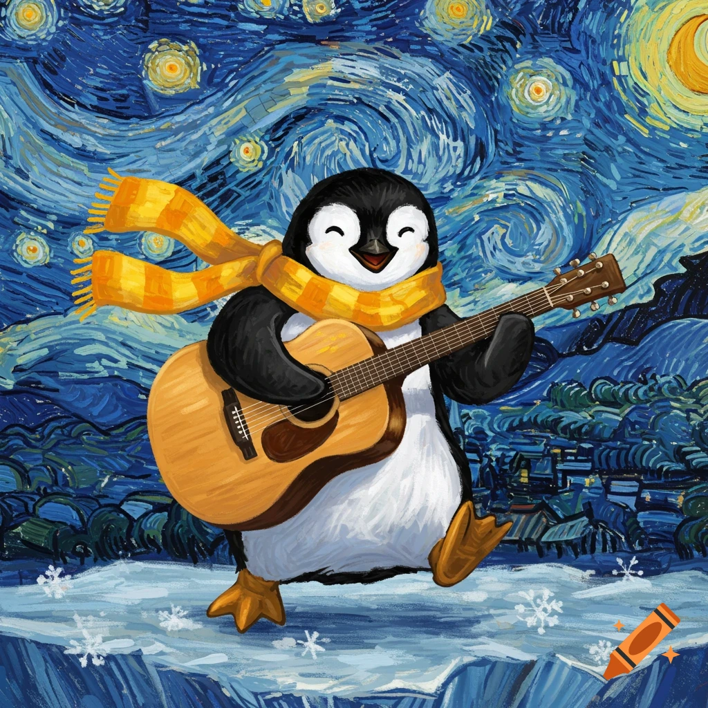 A happy penguin wearing a yellow scarf plays an acoustic guitar on a snowy landscape under a swirling starry night sky in the style of Van Gogh.