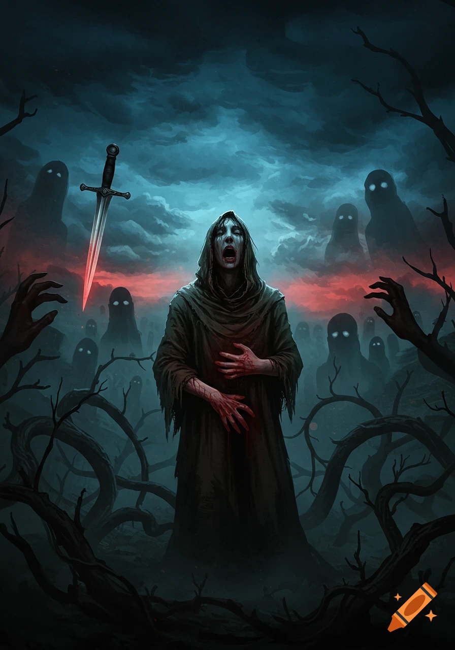 A hooded figure with bloody hands screams in a dark, ominous landscape filled with shadowy specters and gnarled branches, with a glowing sword floating above.