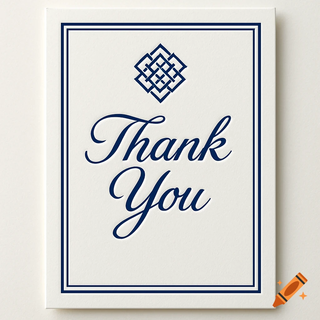 Navy blue 'Thank You' text in elegant script on a white letterpress card with a geometric pattern and a blue border.
