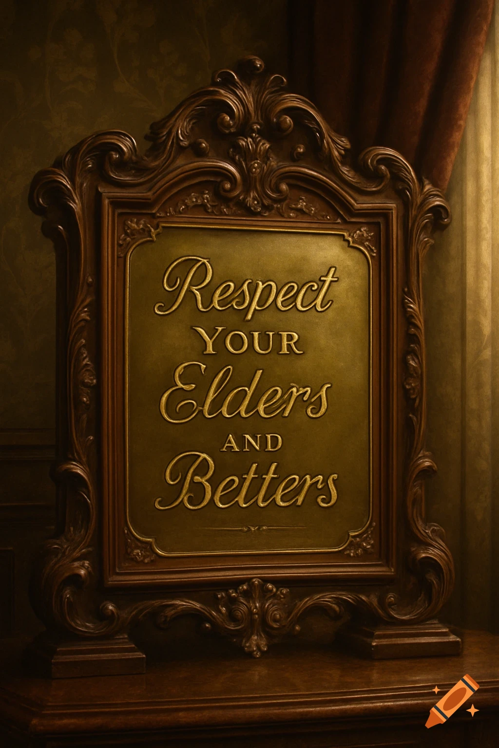 An ornate gold and brown Victorian sign in a wooden frame reads 'Respect YOUR Elders AND Betters' against a dark background.
