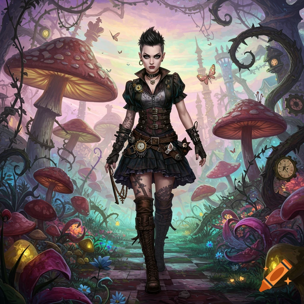 A punk-inspired woman in a steampunk-gothic outfit walks through a vibrant, whimsical forest with giant mushrooms and glowing plants.