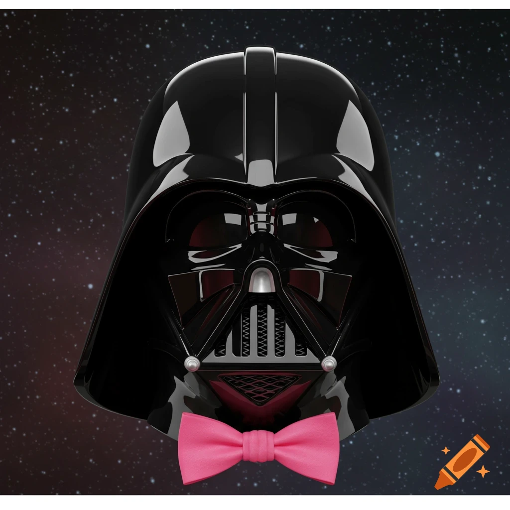 A shiny black Darth Vader helmet wearing a pink bow tie against a starry space background.