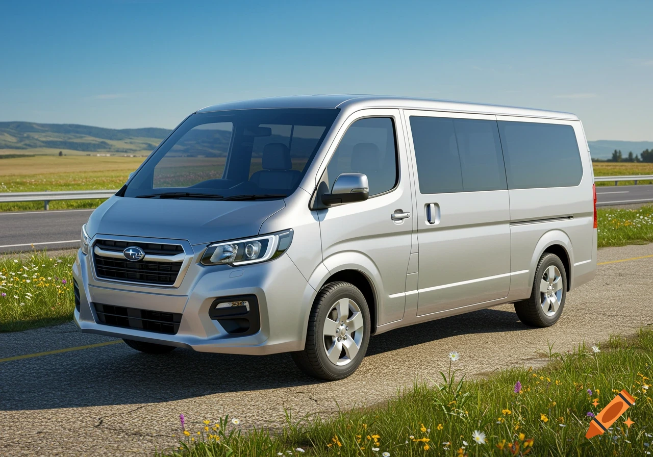 A silver Subaru commercial van parked on the side of a rural road with green grass and wildflowers under a clear blue sky.
