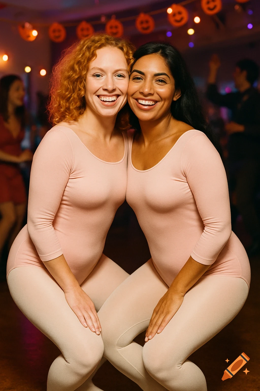 Two smiling women, one with red hair and one with dark hair, appear to merge into a single form while wearing pink leotards and white tights, posing in a ballet pli at a Halloween party.