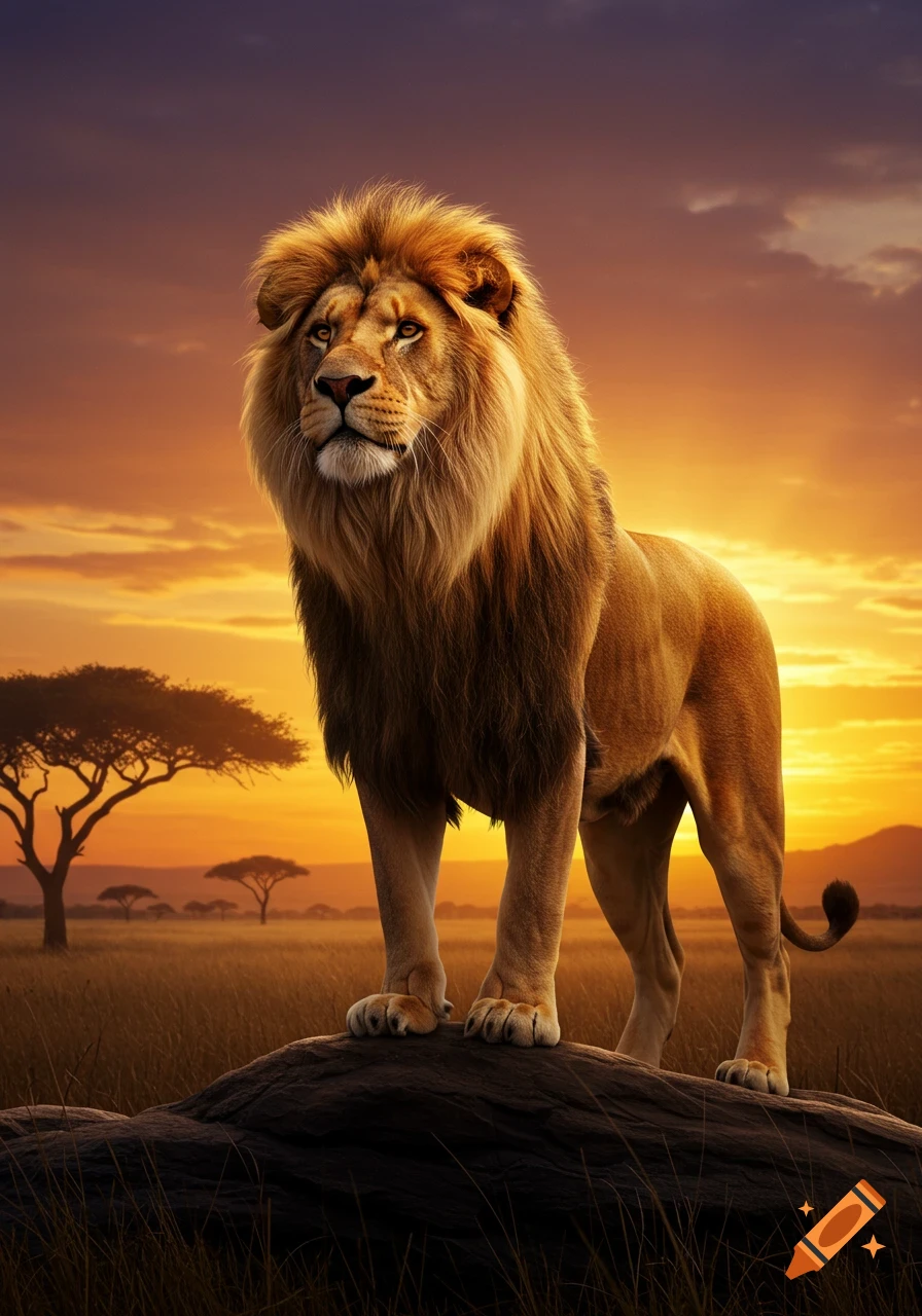 A majestic lion stands on a rock in a golden savanna landscape at sunset, looking into the distance.
