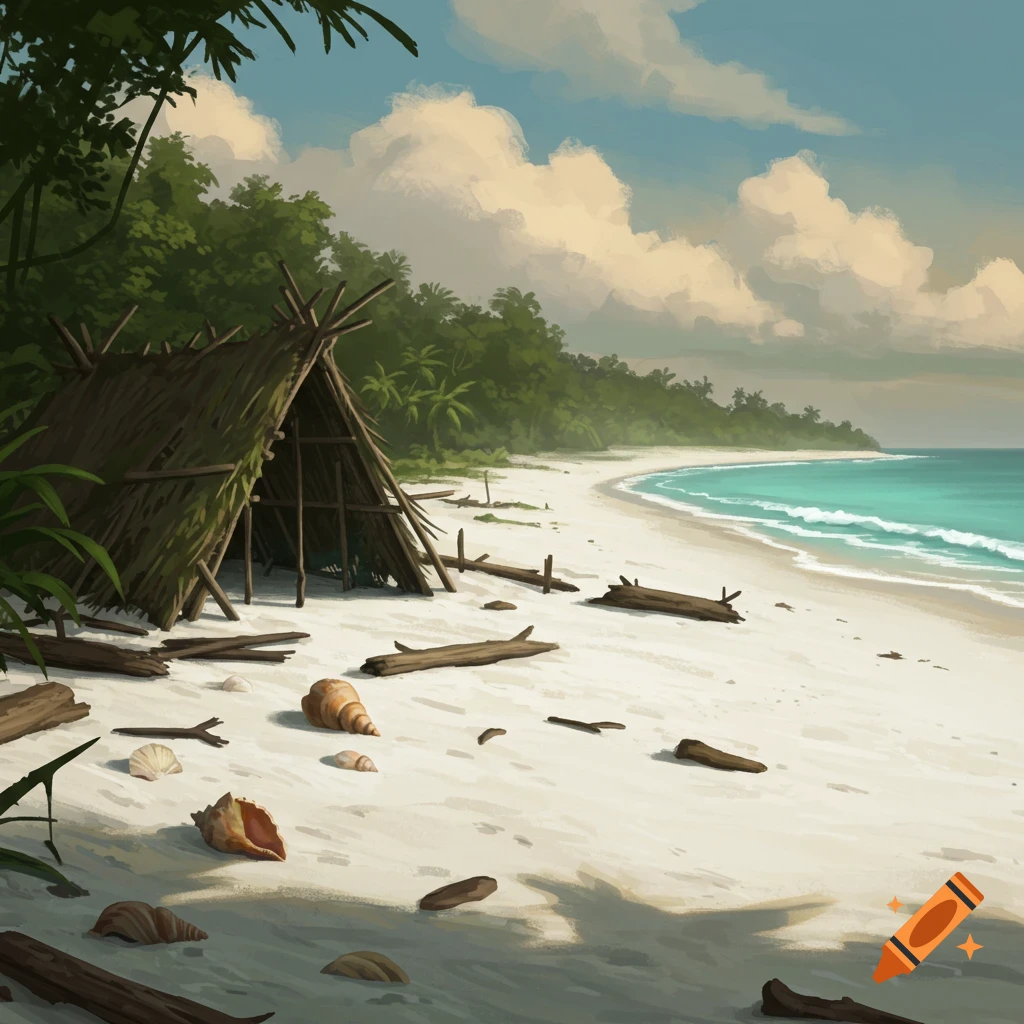 A deserted tropical beach with a makeshift hut, driftwood, seashells, clear blue ocean, and lush jungle under a cloudy sky, in a painted style.