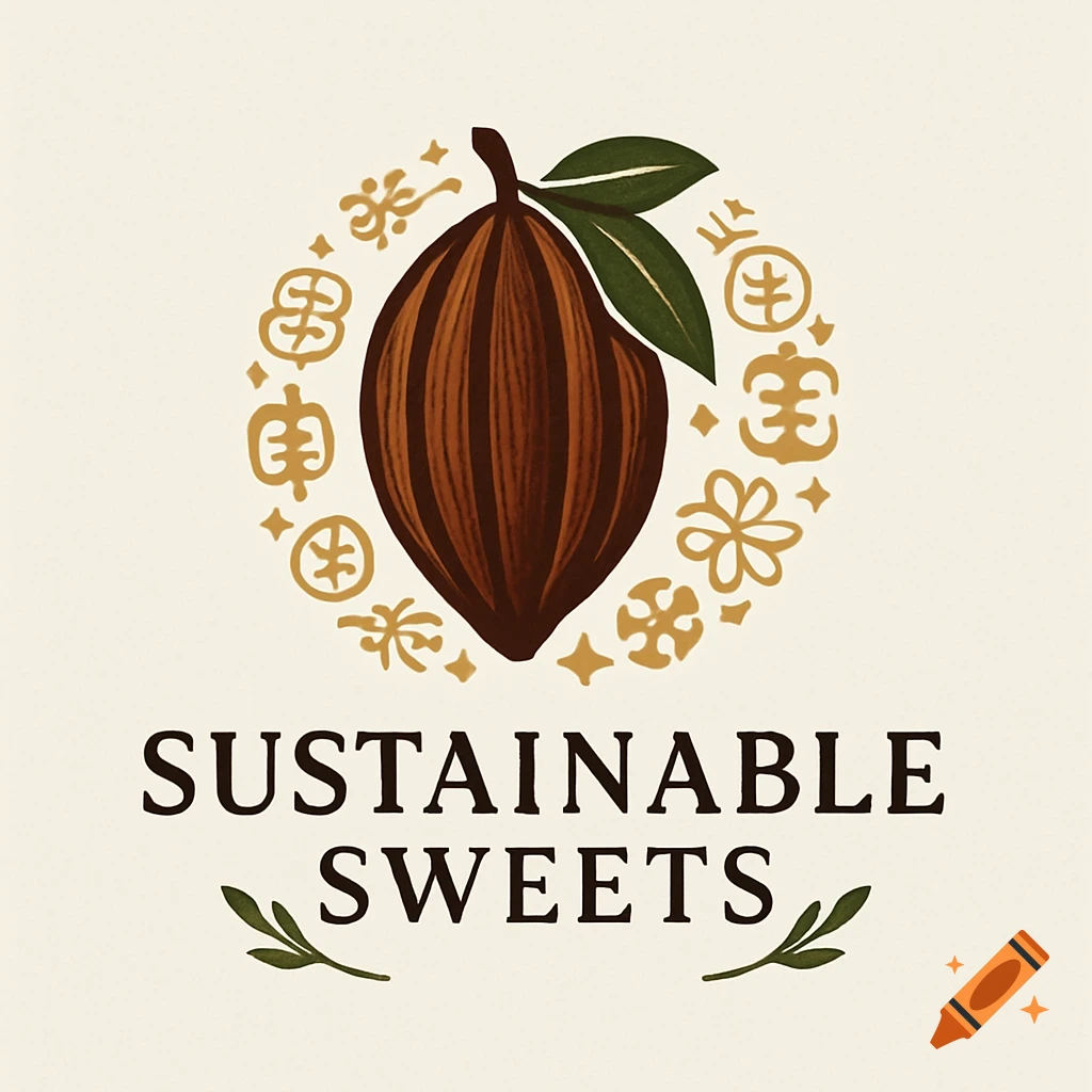 A logo featuring a brown cocoa pod with green leaves, surrounded by golden West African Adinkra symbols, above the text "SUSTAINABLE SWEETS" with decorative green branches.