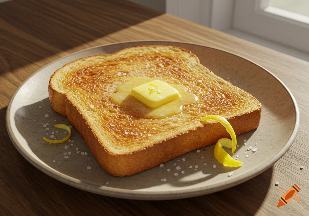 A slice of golden brown toast with melting butter, salt, and lemon peels on a plate.