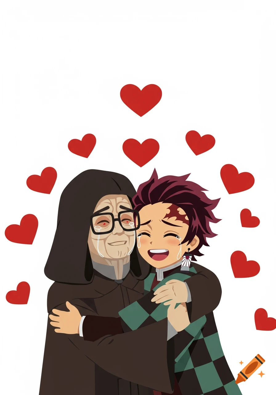 Anime-style Emperor Palpatine wearing square glasses and Tanjiro Kamado hugging and crying happy tears, surrounded by red hearts.