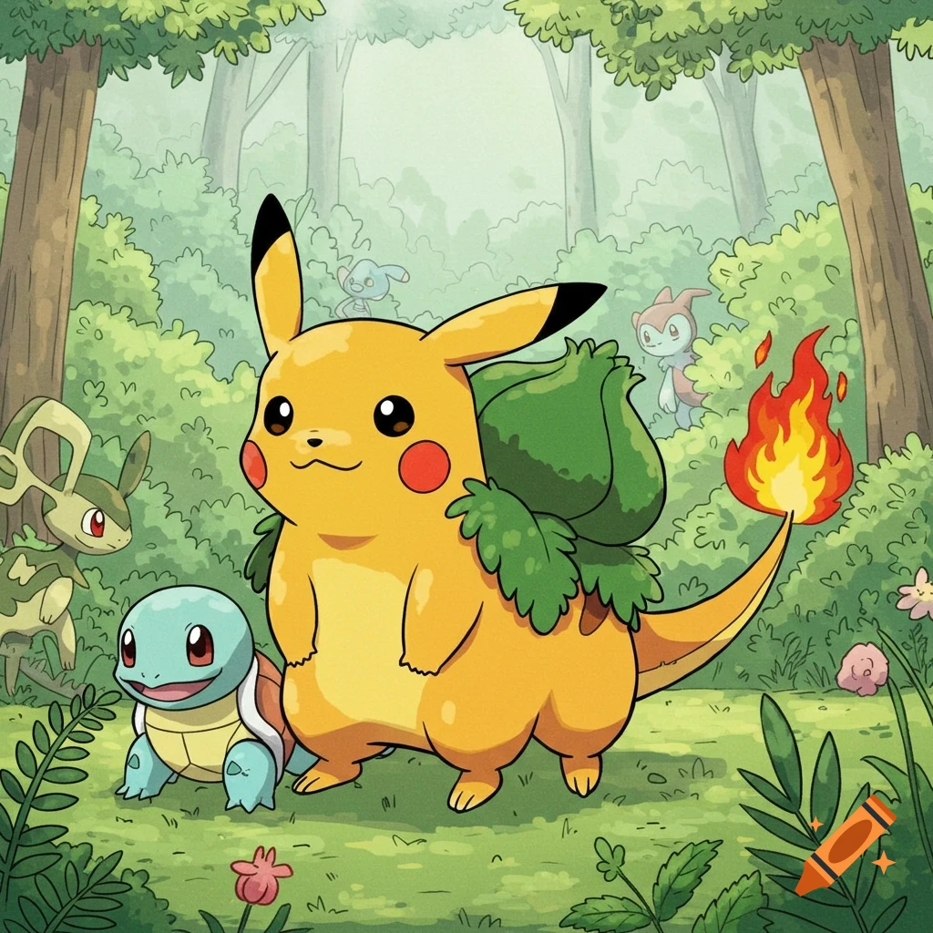 A cartoon illustration of a combined Pikachu, Bulbasaur, and Charmander character with Squirtle in a forest.