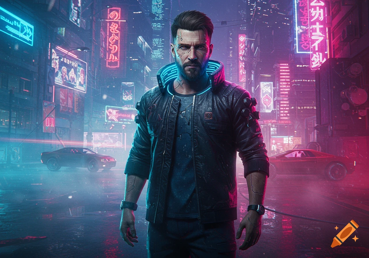 A photorealistic image of a man with cybernetic implants and a neon-lit jacket standing on a cyberpunk city street at night.