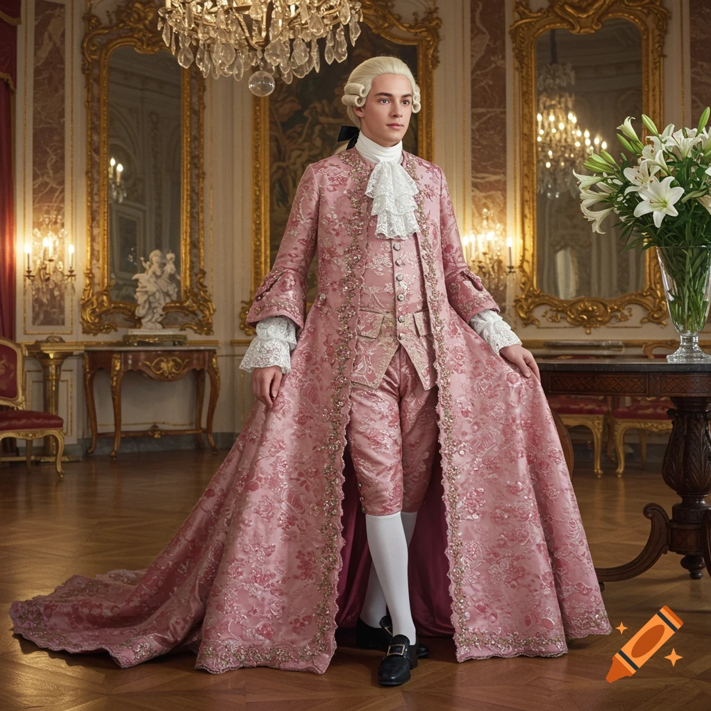 A young person in a pink 18th-century lace gown and wig stands in a grand, ornate room.
