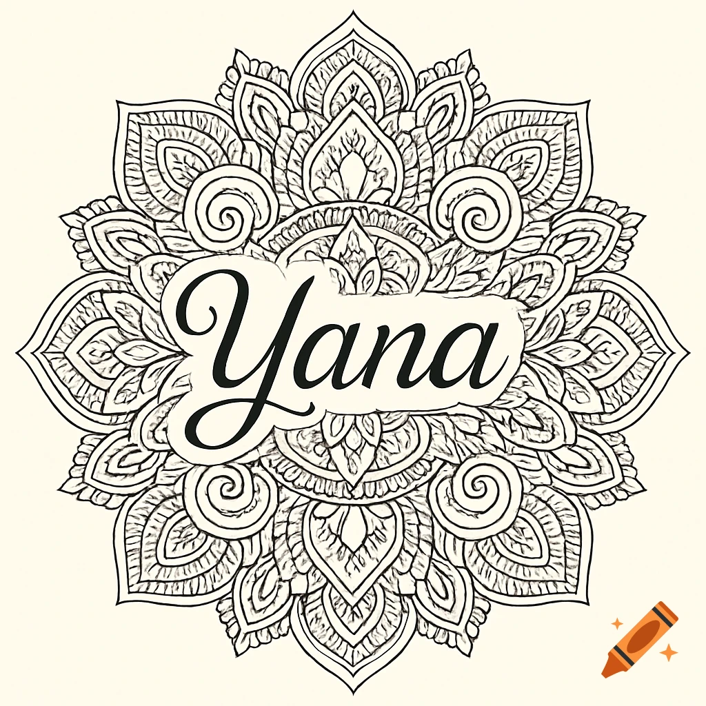 Black and white line art mandala with the name 'Yana' in the center, suitable for coloring.
