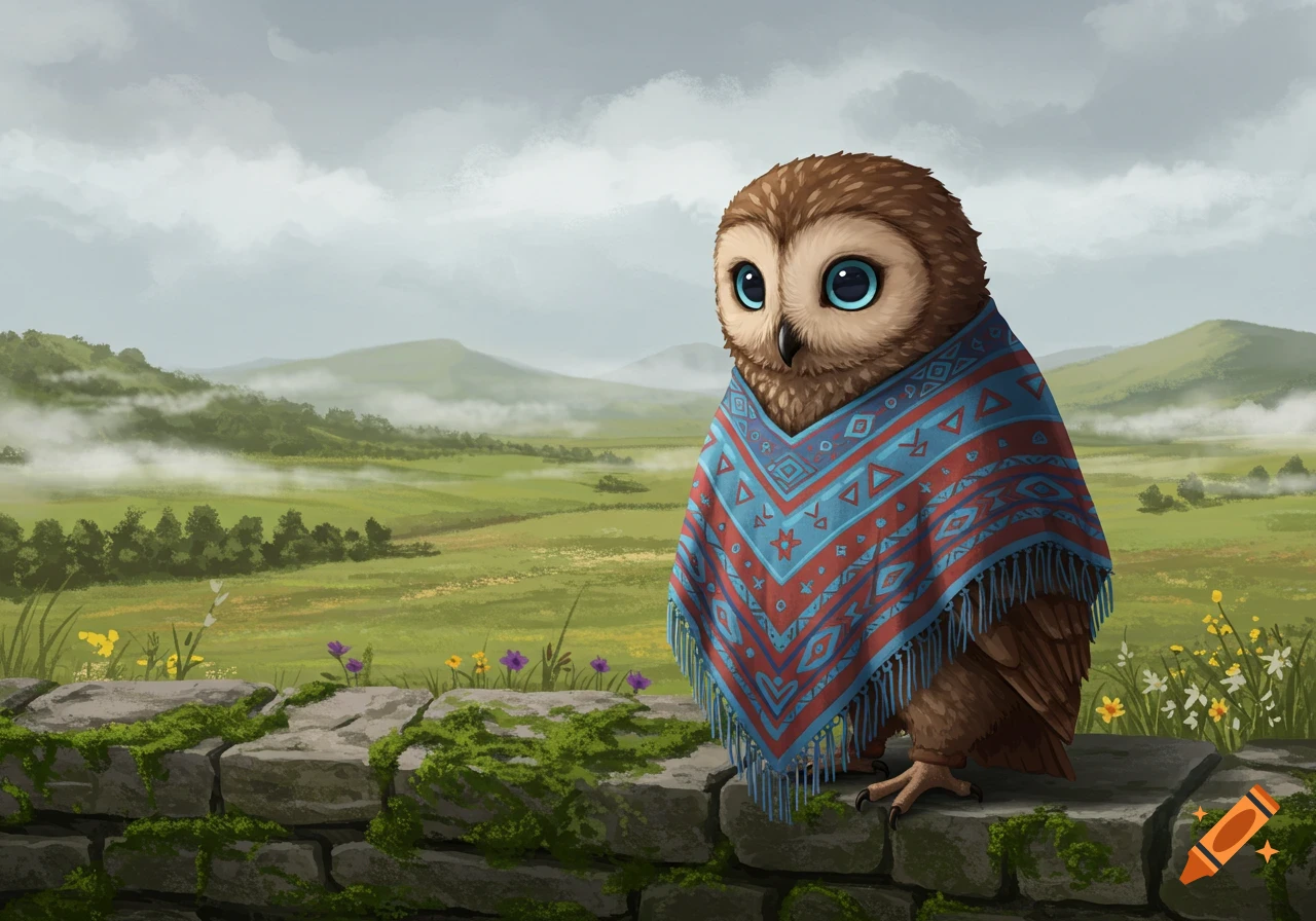 A cute brown owl with big blue eyes wears a red and blue patterned poncho while perched on a mossy stone wall overlooking a misty green valley.