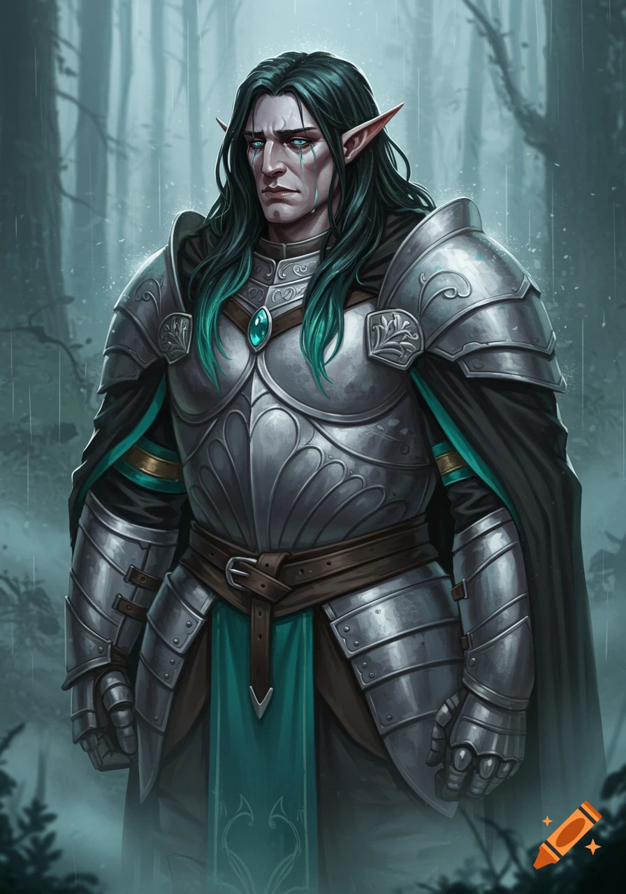 A melancholic elf paladin with long dark hair and teal tips, wearing ornate silver armor in a rainy forest.