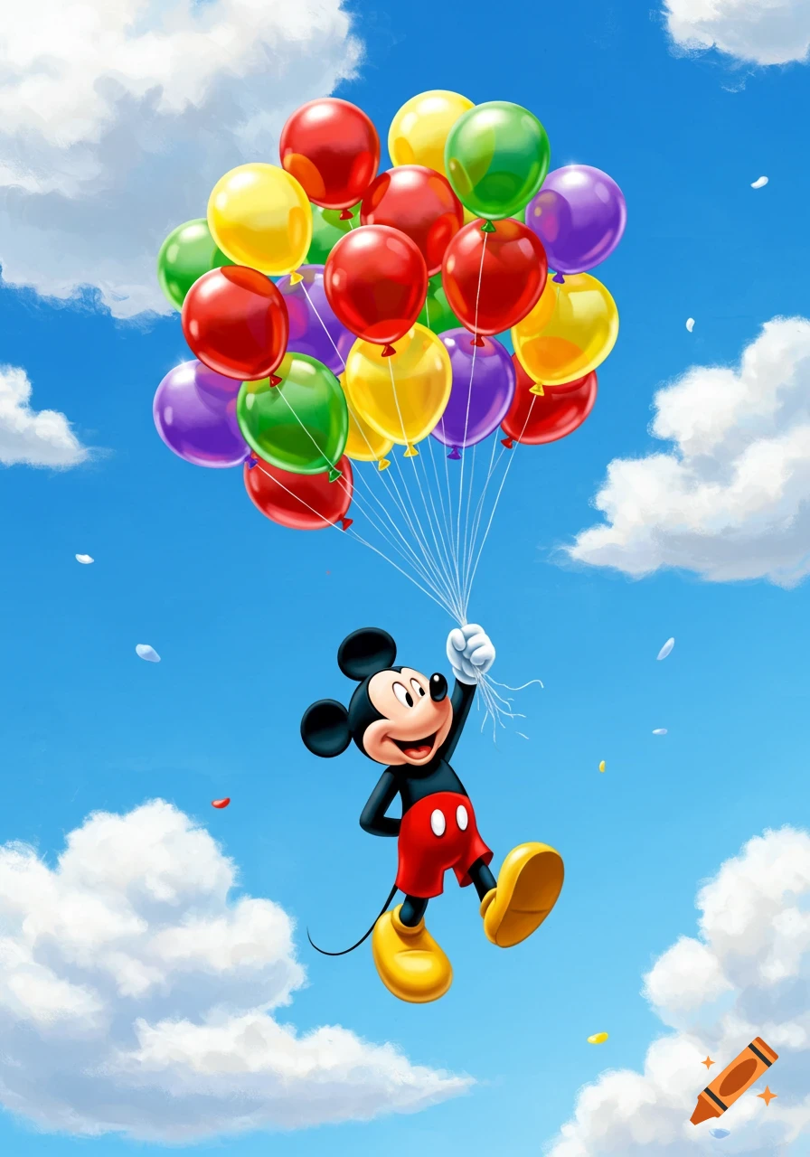 Mickey Mouse floats in a bright blue sky, holding a large bunch of colorful balloons, surrounded by white clouds.