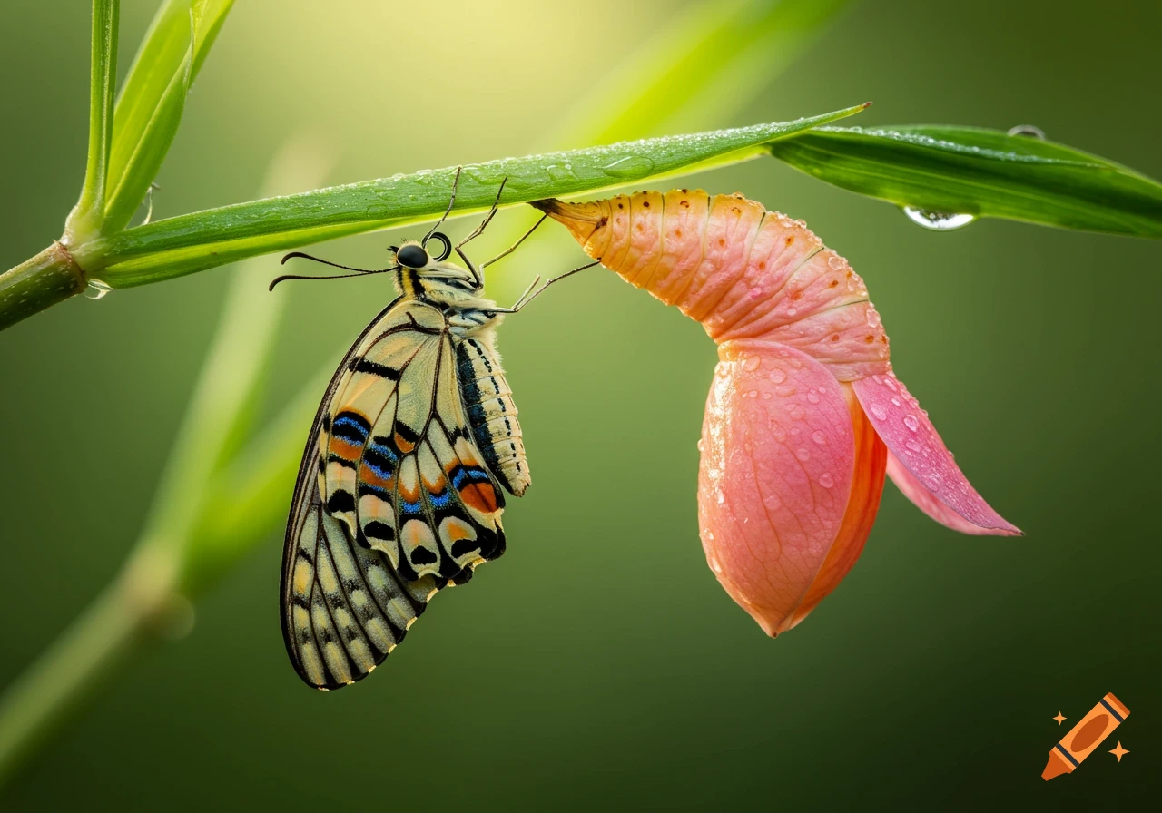 A butterfly emerges from a pink, flower-like cocoon on a green stem with dew drops, against a blurred green background.