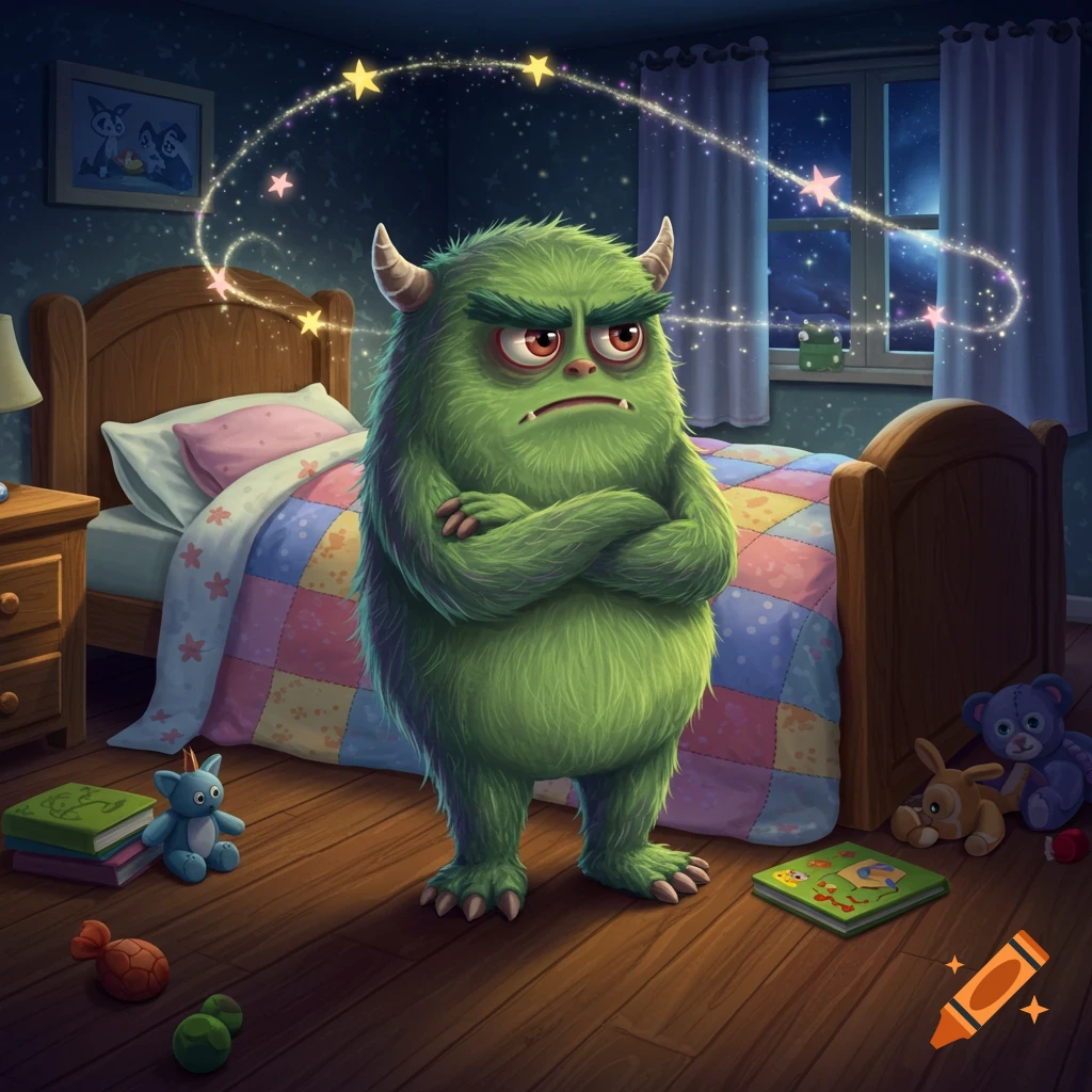 A grumpy green furry monster with horns stands with crossed arms in a child's bedroom at night, surrounded by toys and magical stars.