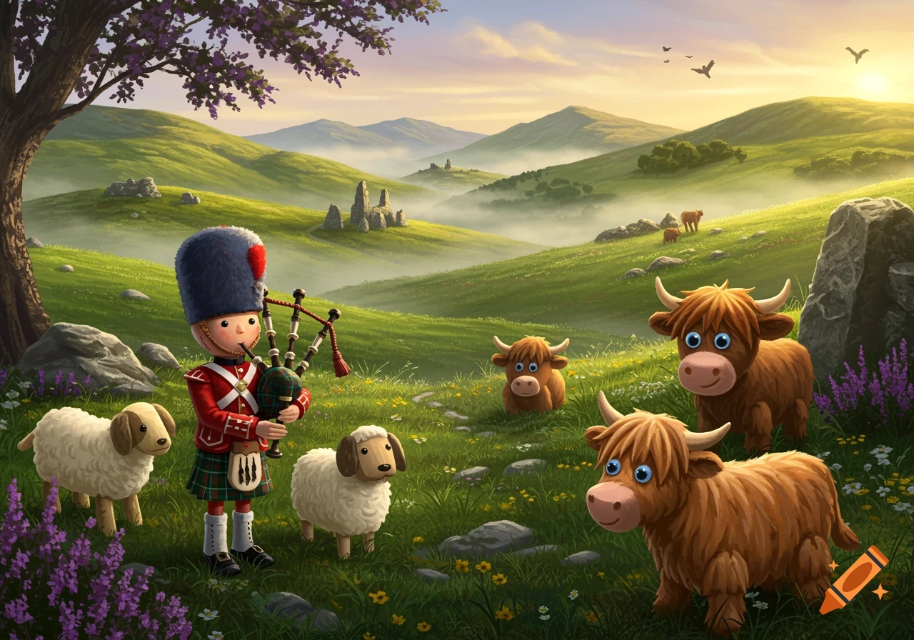 A charming cartoon depicts a toy soldier playing bagpipes amidst cute highland cows and sheep in a green, misty Scottish landscape.