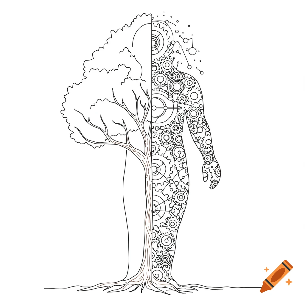 Line drawing of a figure split between a tree on one side and a human outline filled with gears on the other.