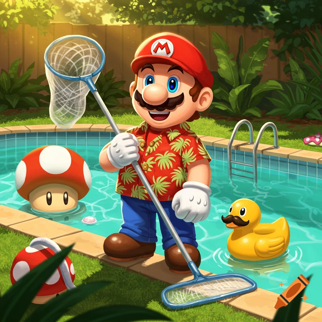 Cartoon Mario in a Hawaiian shirt holds a pool net by a vibrant swimming pool, with a mushroom and a mustachioed rubber duck.