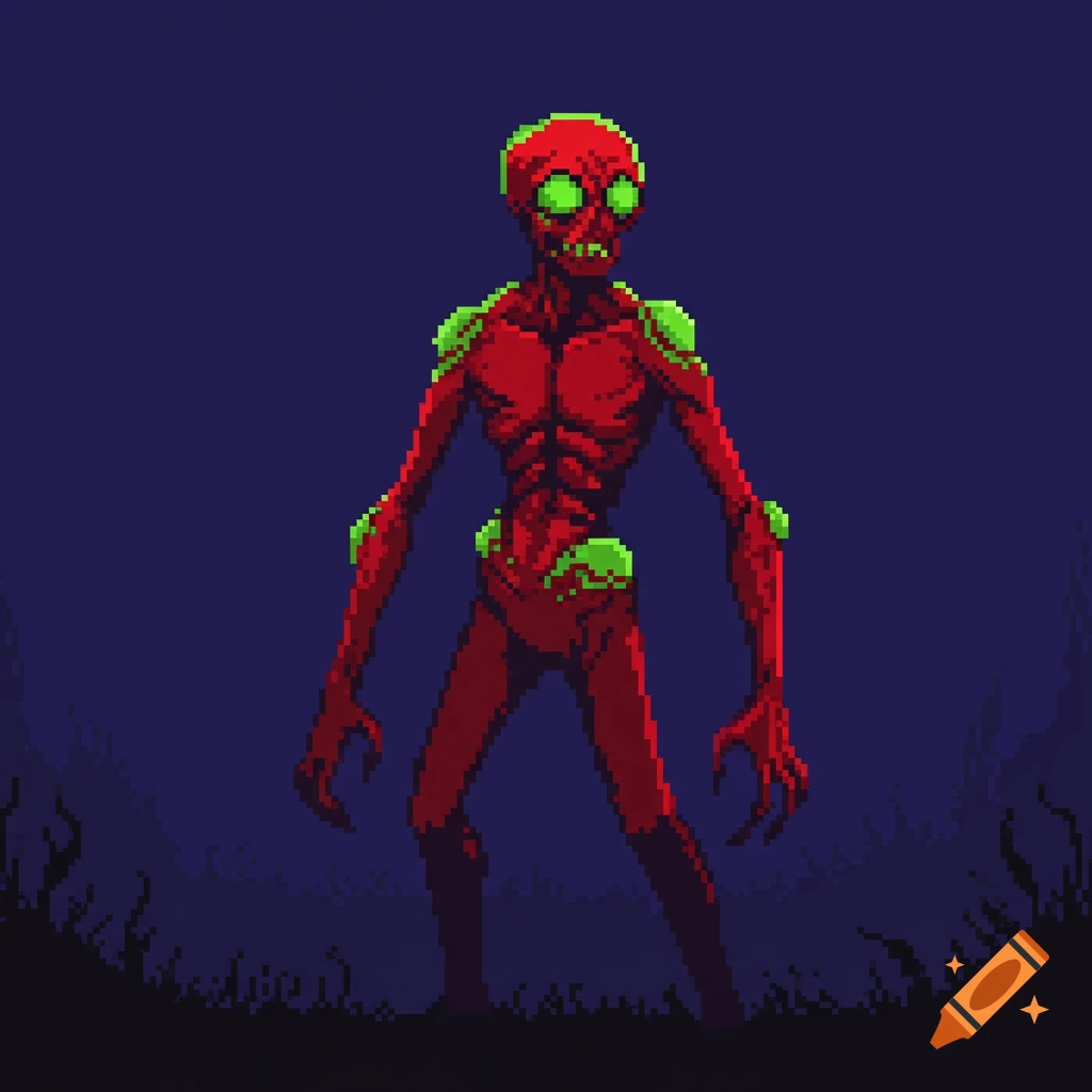 A pixel art depiction of a red humanoid mutant with glowing green eyes and spots, standing in a dark, ominous setting.