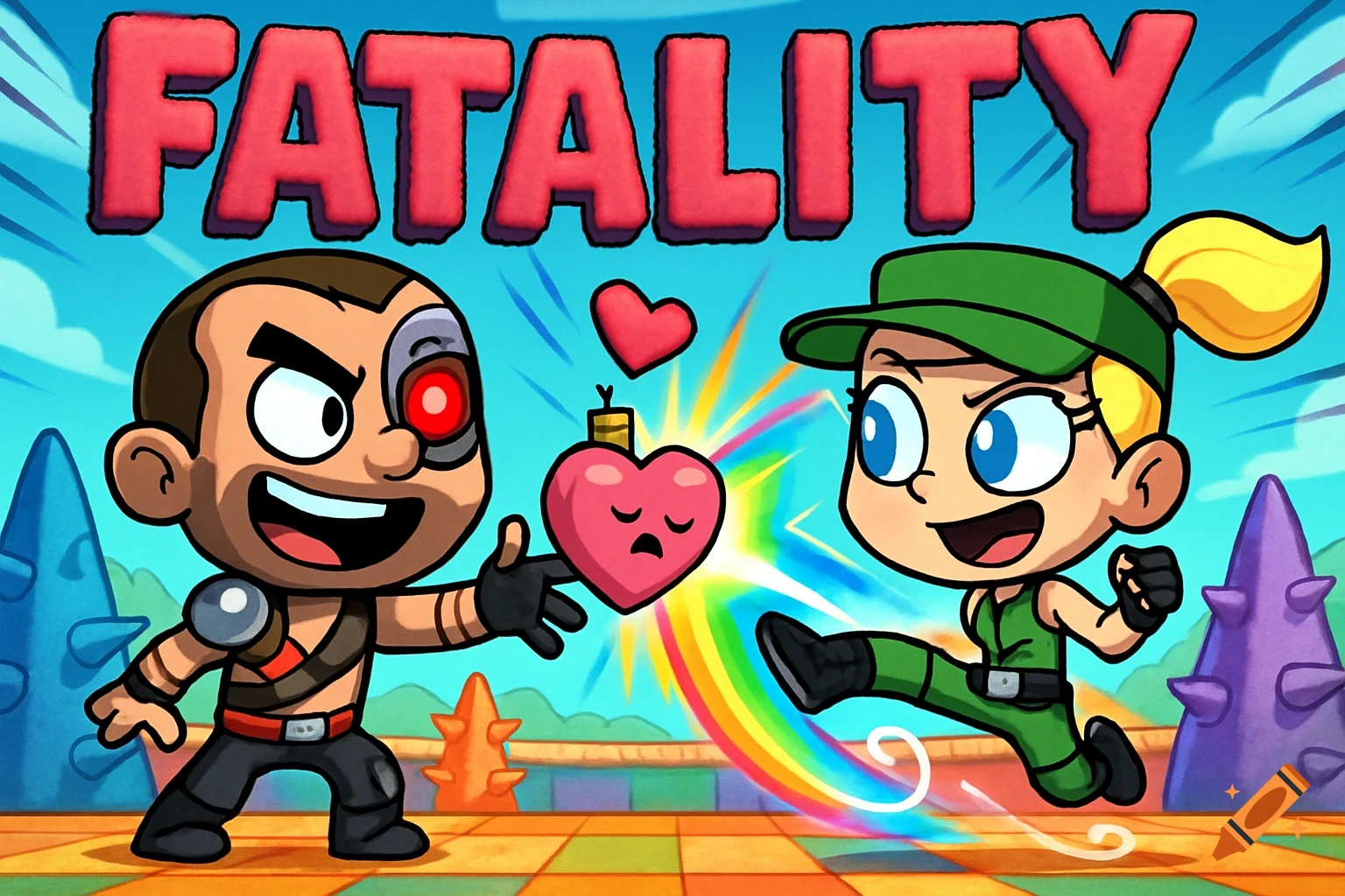 Cartoon image of chibi Mortal Kombat characters Kano and Sonya Blade in a playful fight with a heart bomb and rainbow kick, 'FATALITY' text above.