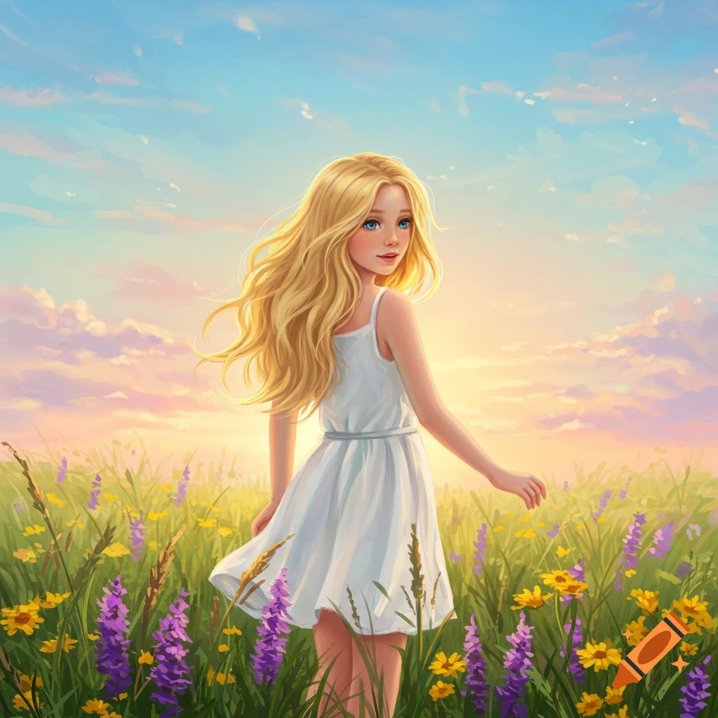 A digitally painted blonde girl in a white dress stands in a field of purple and yellow wildflowers under a bright, sunny sky.