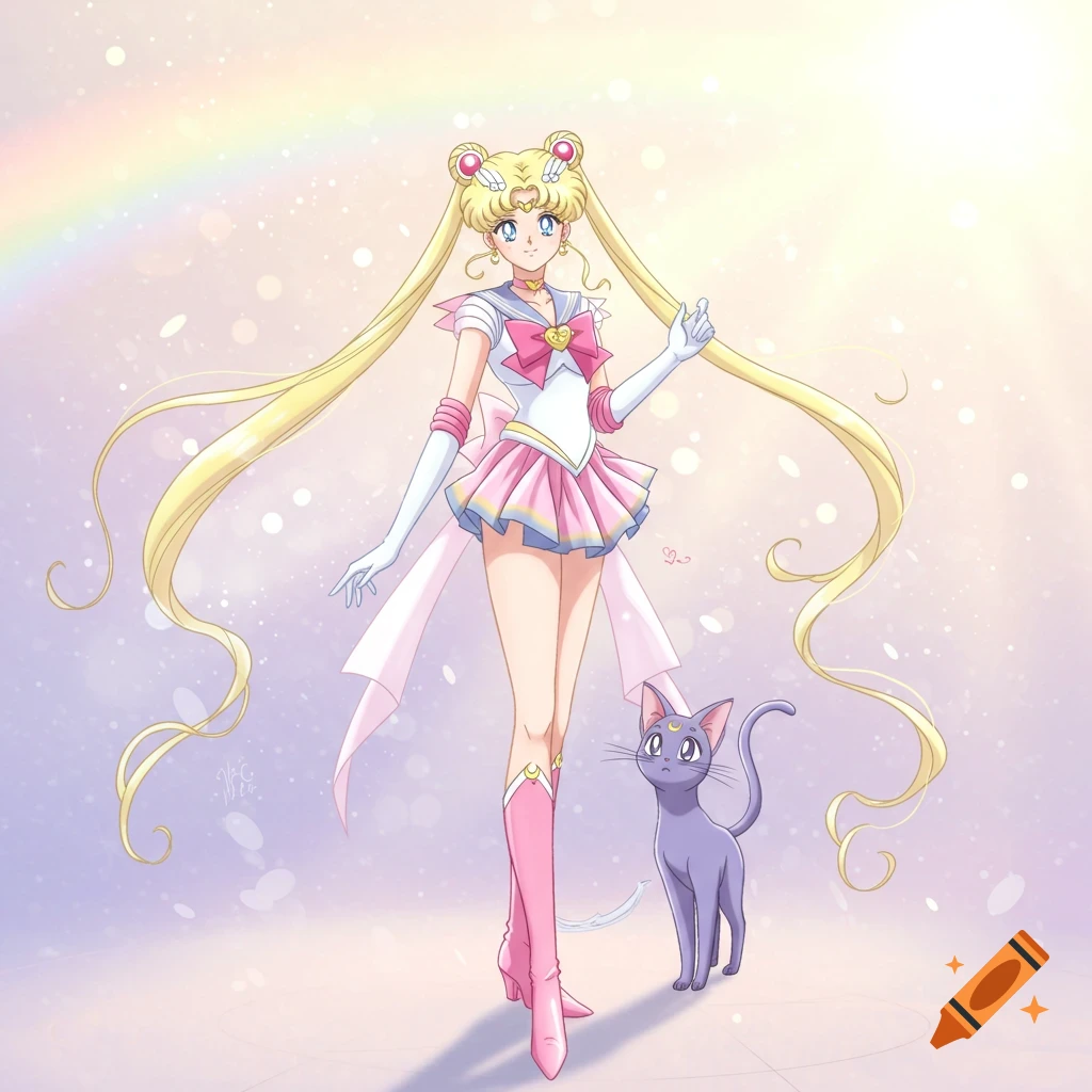 A full-body anime illustration of Sailor Moon in a pink and white uniform, with long blonde pigtails, standing next to a lavender cat. A pastel rainbow arches behind them.