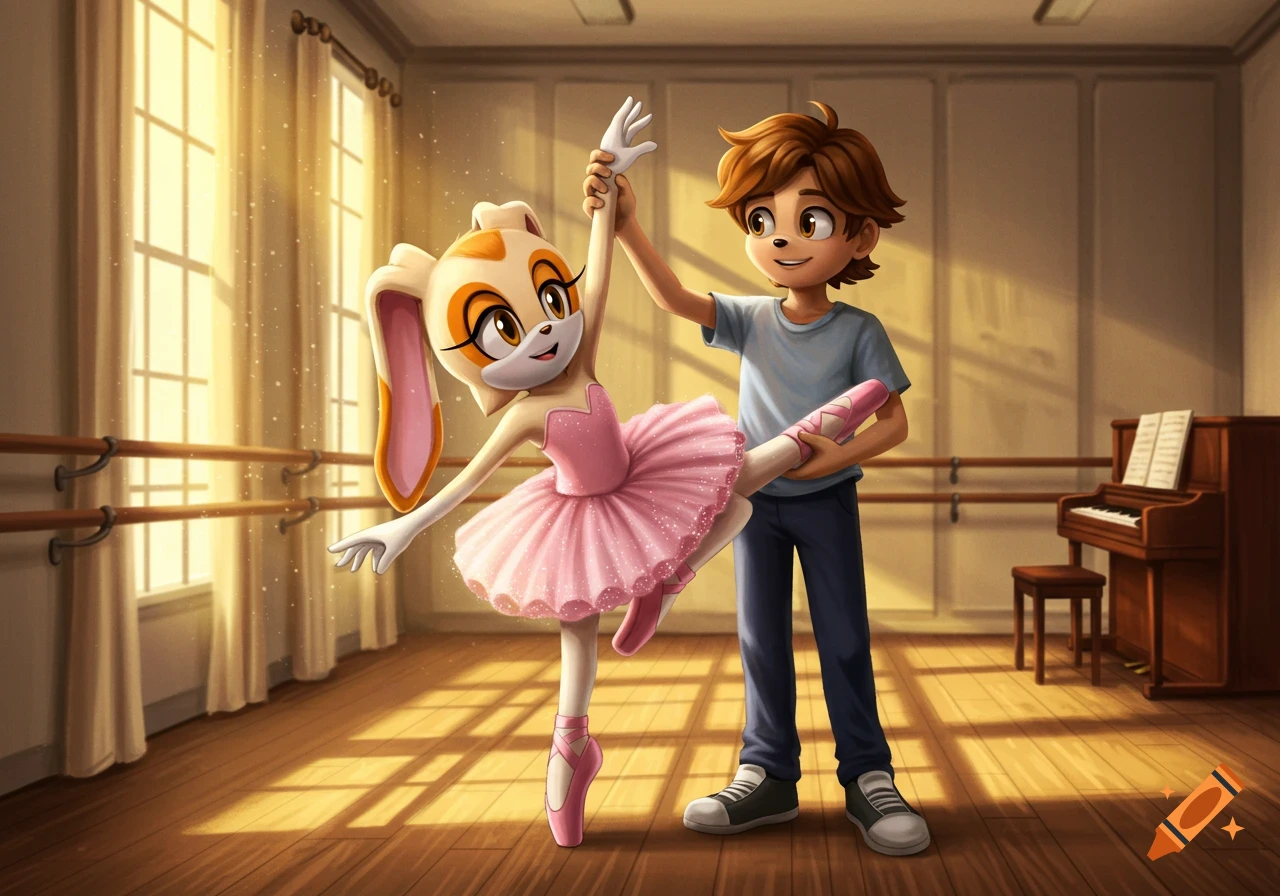 Cream the Rabbit and a boy practicing ballet in a warm, cozy studio.