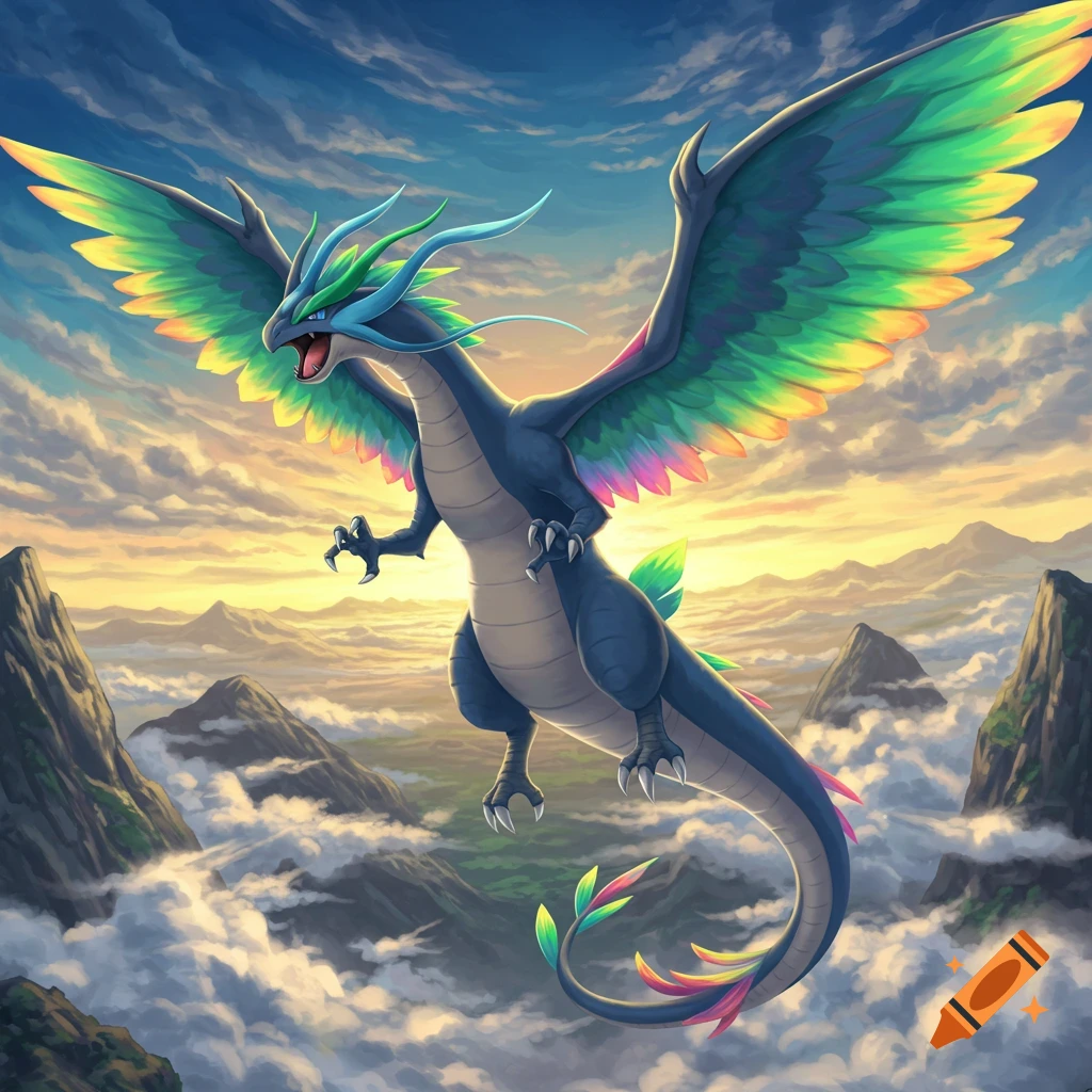 A blue dragon with vibrant rainbow wings and tail flies above clouds and mountains at sunrise in an illustration.